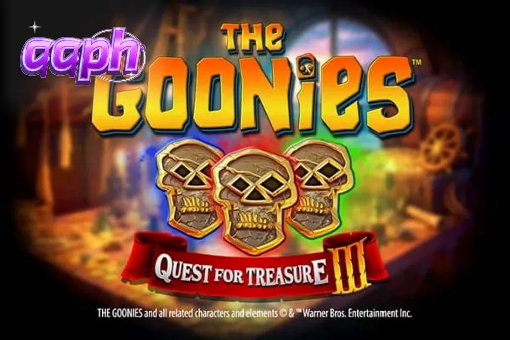 The Goonies Quest for Treasure 3 slot game interface featuring iconic movie characters and treasure map elements.